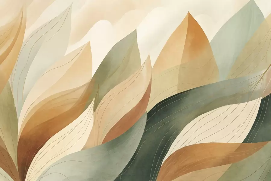 wall murals Abstract leaves, muted earth tones of green, orange with delicate line details , soft watercolor texture w09736