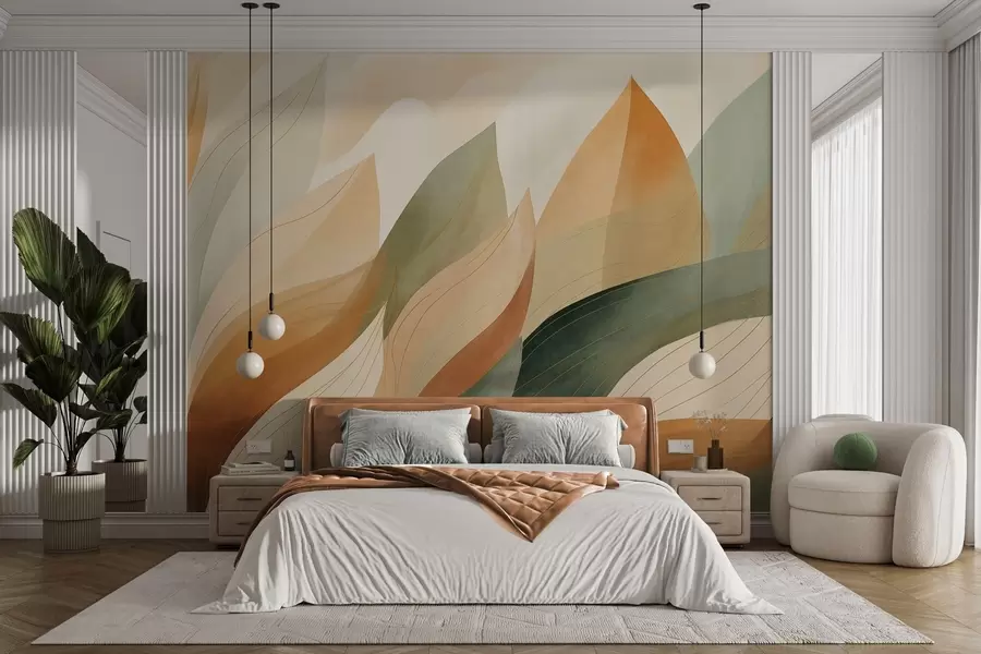 wall murals Abstract leaves, muted earth tones of green, orange with delicate line details , soft watercolor texture w09736