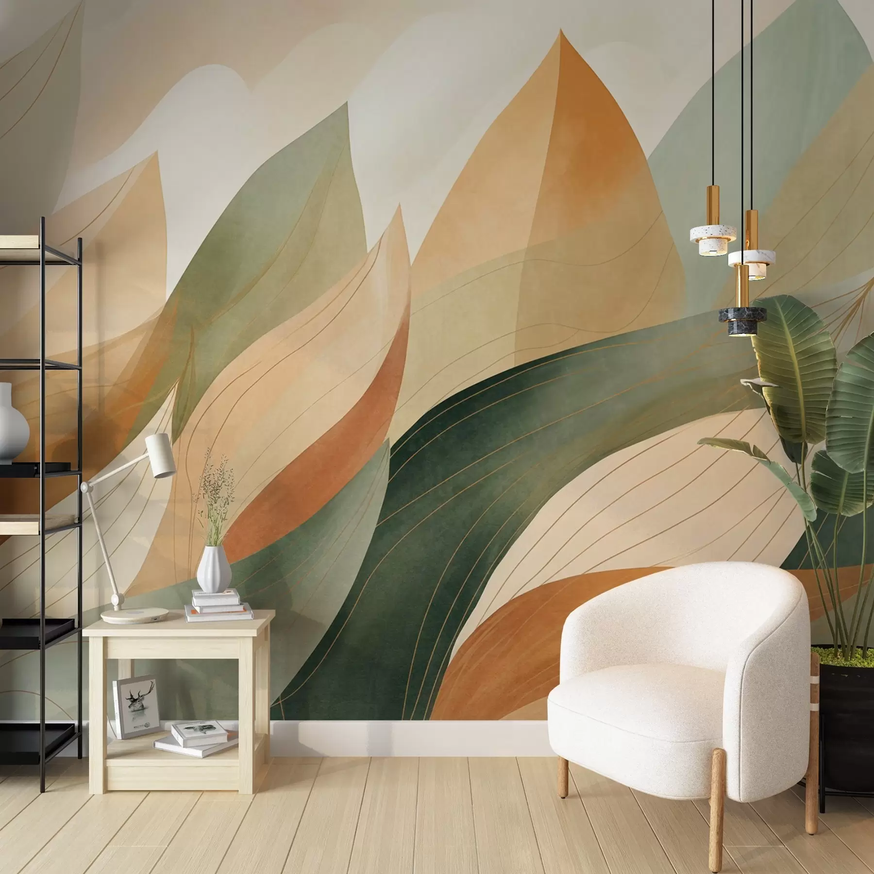 wall murals Leaves in Ochre and Moss w09736