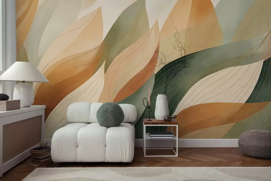 wall murals Abstract leaves, muted earth tones of green, orange with delicate line details , soft watercolor texture w09736