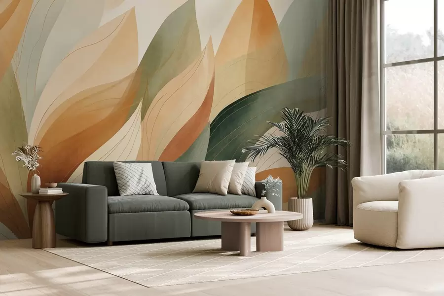 wall murals Abstract leaves, muted earth tones of green, orange with delicate line details , soft watercolor texture w09736