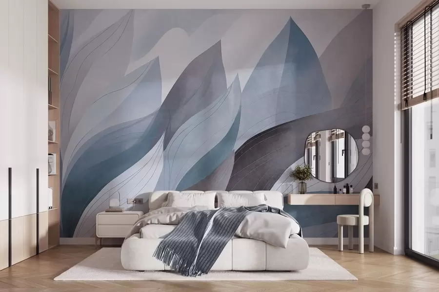 wall murals Abstract leaves, muted earth tones of blue with delicate line details , soft watercolor texture w09736v1