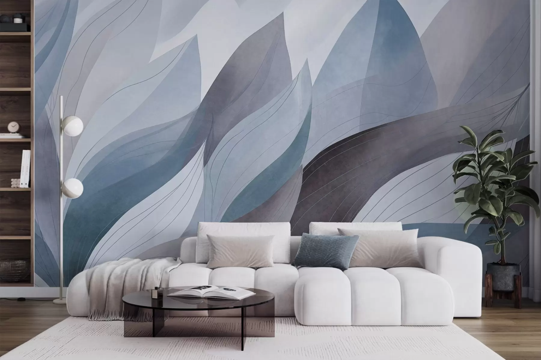wall murals Abstract leaves, muted earth tones of blue with delicate line details , soft watercolor texture w09736v1