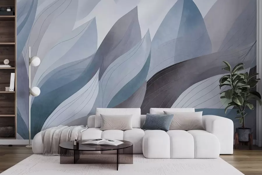 wall murals Abstract leaves, muted earth tones of blue with delicate line details , soft watercolor texture w09736v1