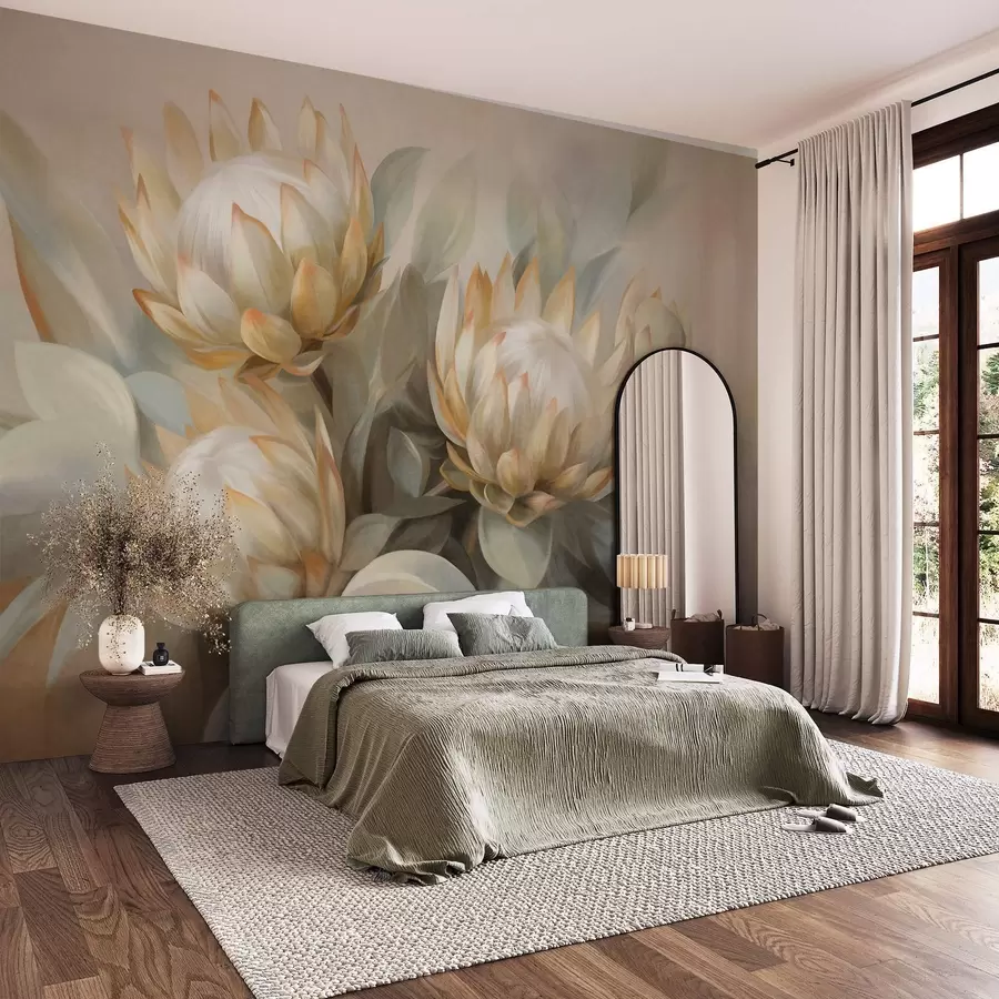 wall murals Textured protea flowers with green leaves and a soft, blurred background w09738
