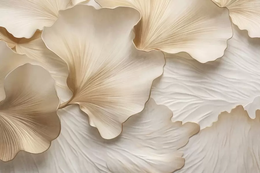 wall murals Textured, beige and white ginkgo leaves petals with delicate organic print w09741