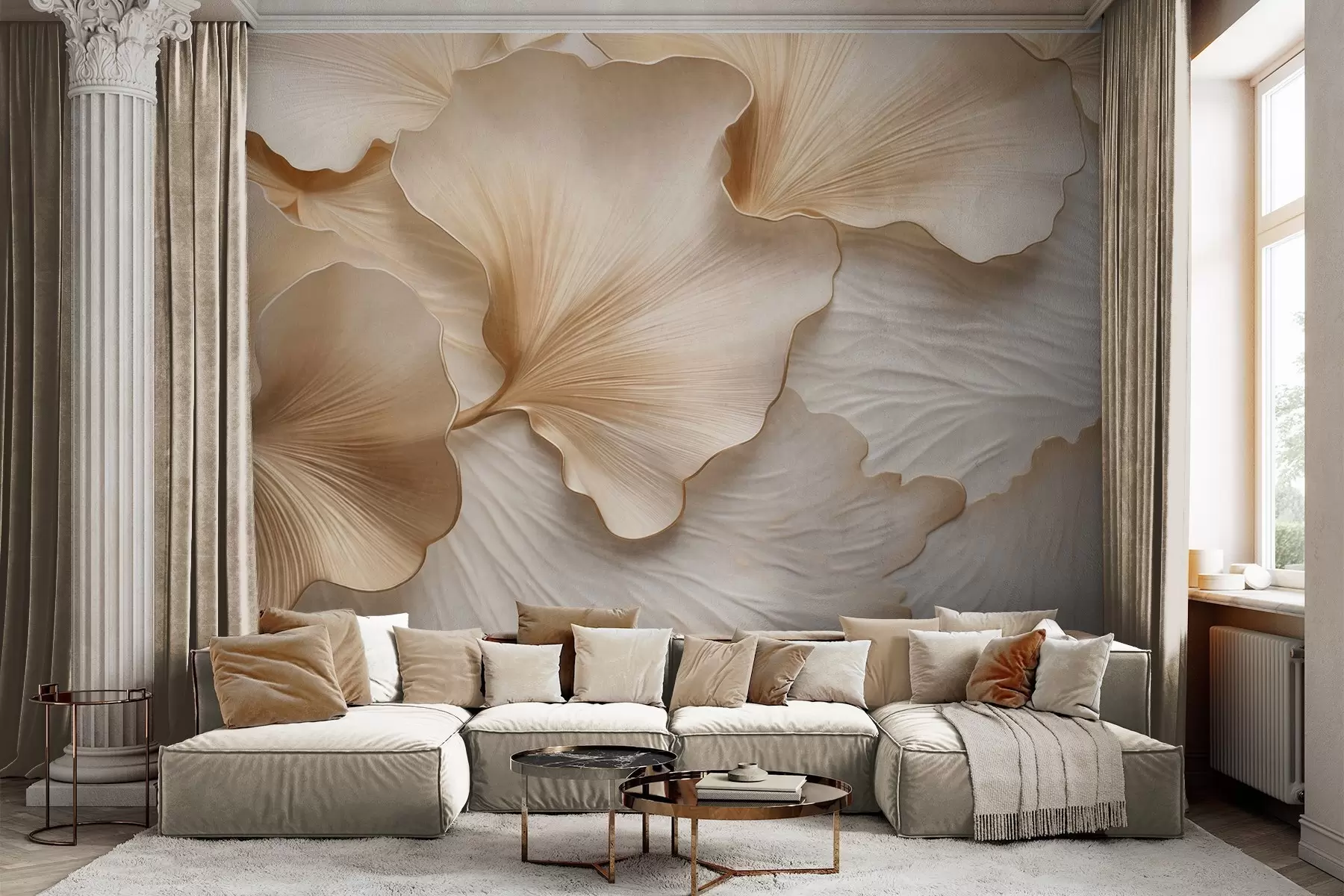 wall murals Textured, beige and white ginkgo leaves petals with delicate organic print w09741