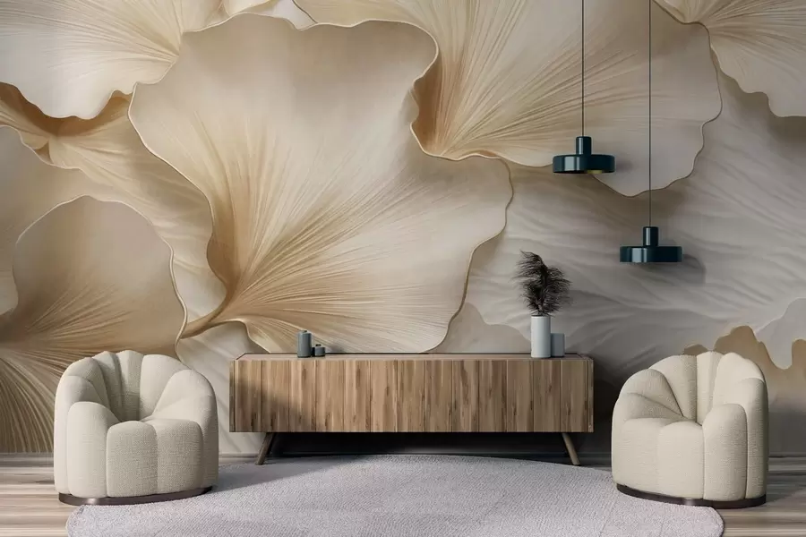 wall murals Textured, beige and white ginkgo leaves petals with delicate organic print w09741