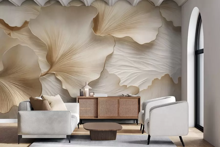 wall murals Textured, beige and white ginkgo leaves petals with delicate organic print w09741