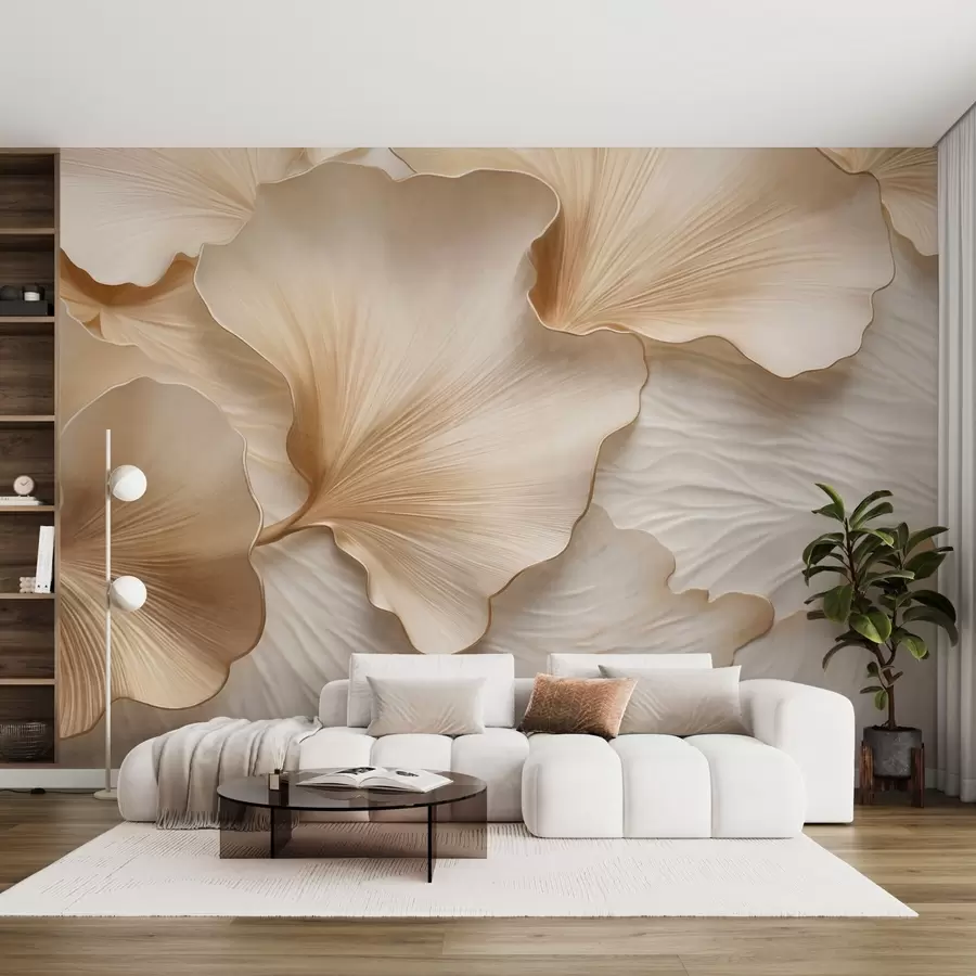 wall murals Textured, beige and white ginkgo leaves petals with delicate organic print w09741