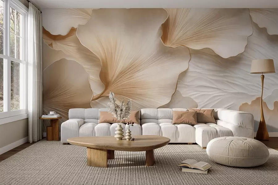 wall murals Textured, beige and white ginkgo leaves petals with delicate organic print w09741