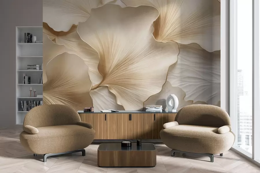 wall murals Textured, beige and white ginkgo leaves petals with delicate organic print w09741