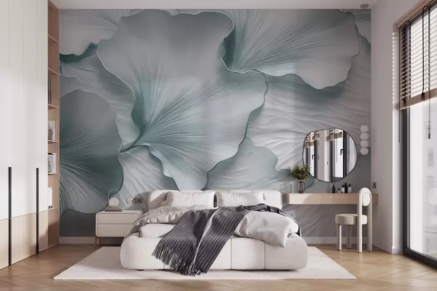 wall murals Textured, blue and white ginkgo leaves petals with delicate organic print w09741v1
