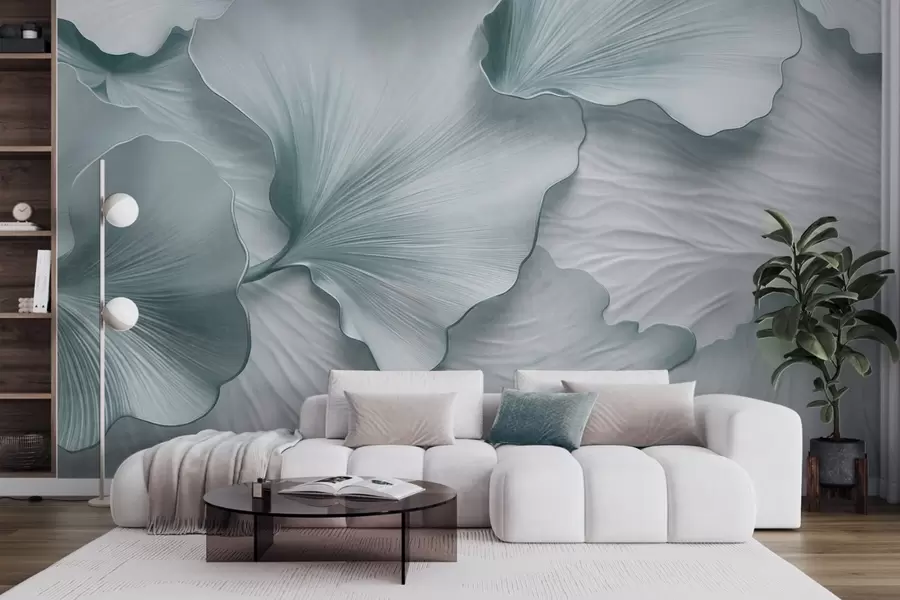 wall murals Textured, blue and white ginkgo leaves petals with delicate organic print w09741v1