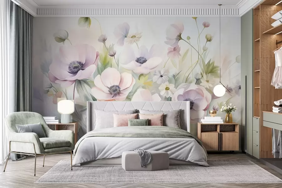 wall murals A field of pastel pink and white anemone flowers, green foliage and small white daisies w09742