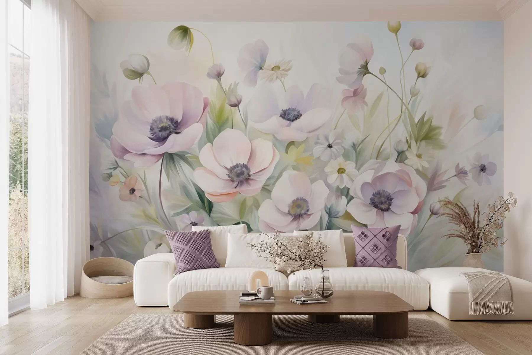 wall murals A field of pastel pink and white anemone flowers, green foliage and small white daisies w09742