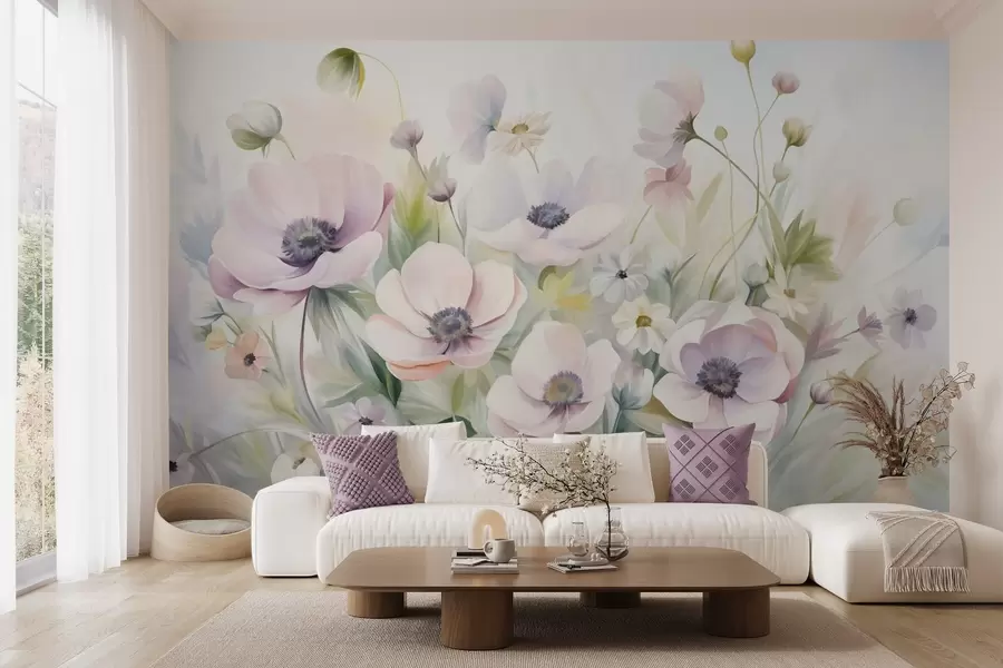 wall murals A field of pastel pink and white anemone flowers, green foliage and small white daisies w09742