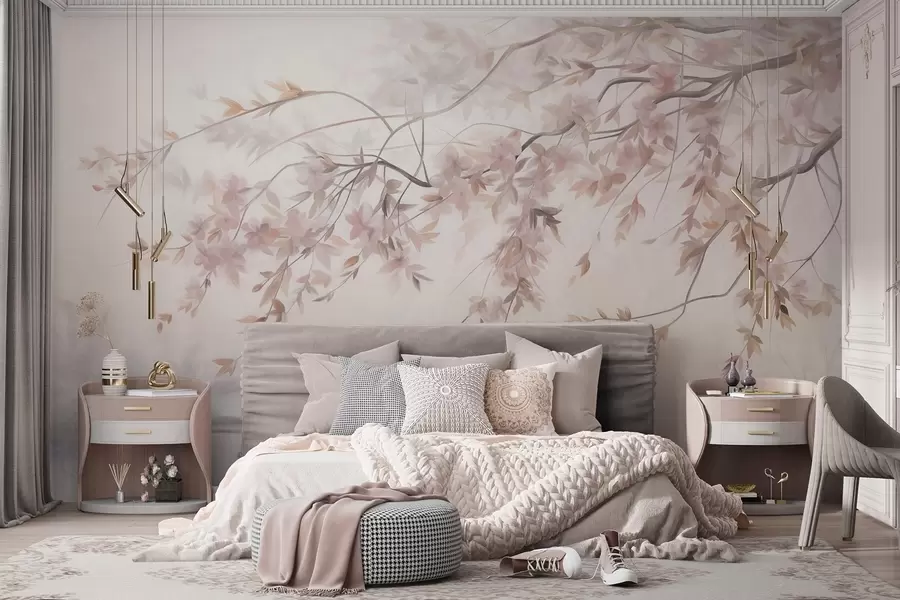 wall murals Textured landscape with cherry blossom branch, pink leaves, soft, foggy background w09743