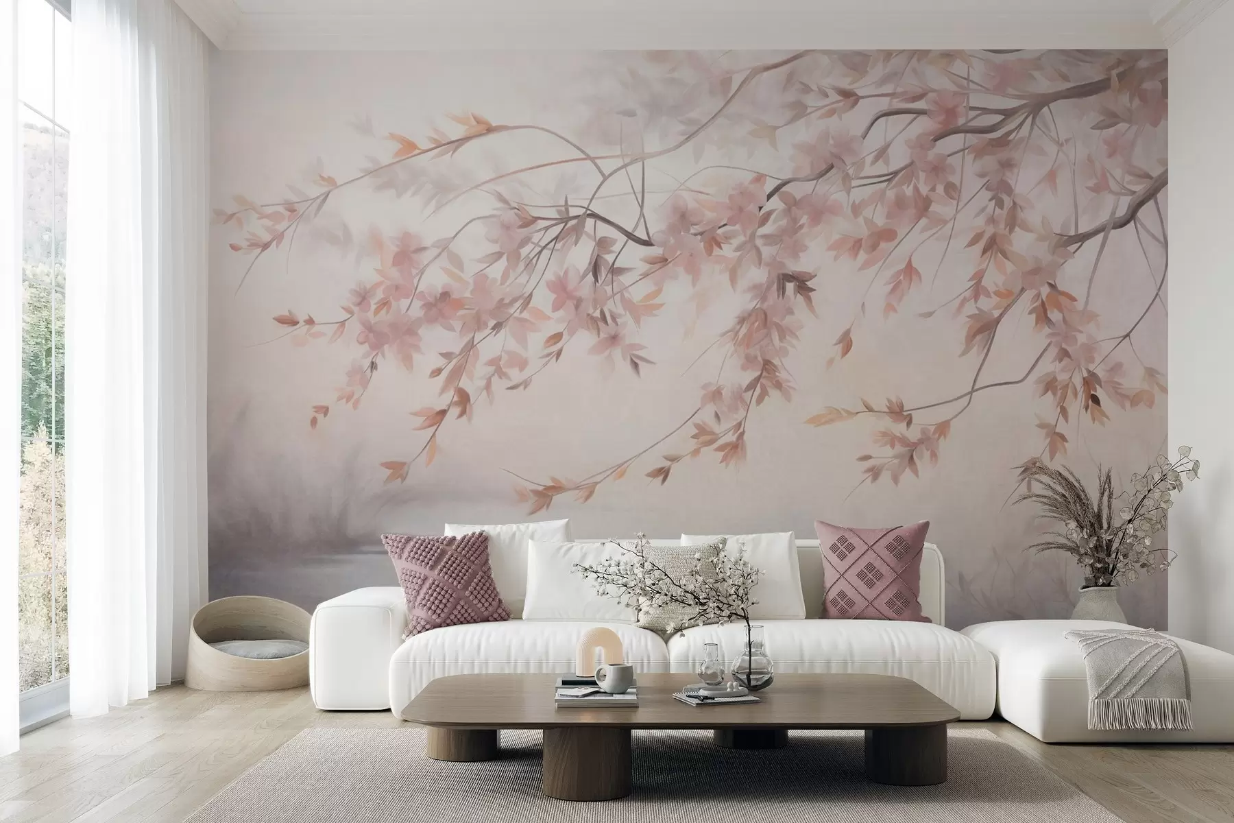 wall murals Textured landscape with cherry blossom branch, pink leaves, soft, foggy background w09743