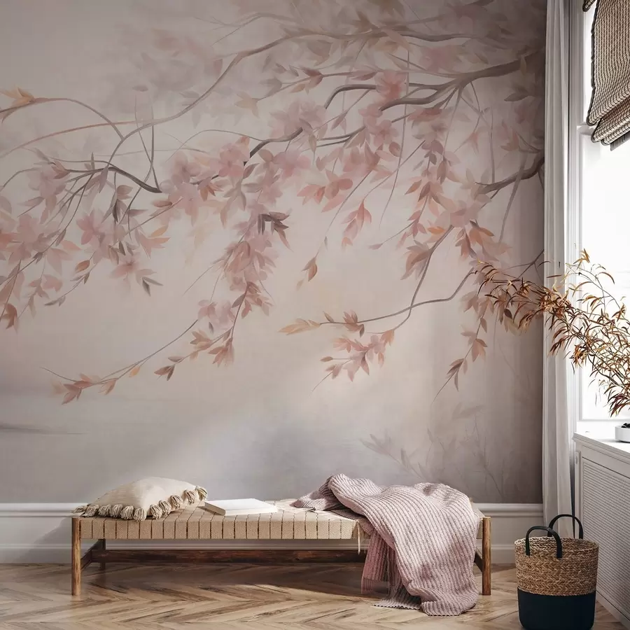 wall murals Textured landscape with cherry blossom branch, pink leaves, soft, foggy background w09743