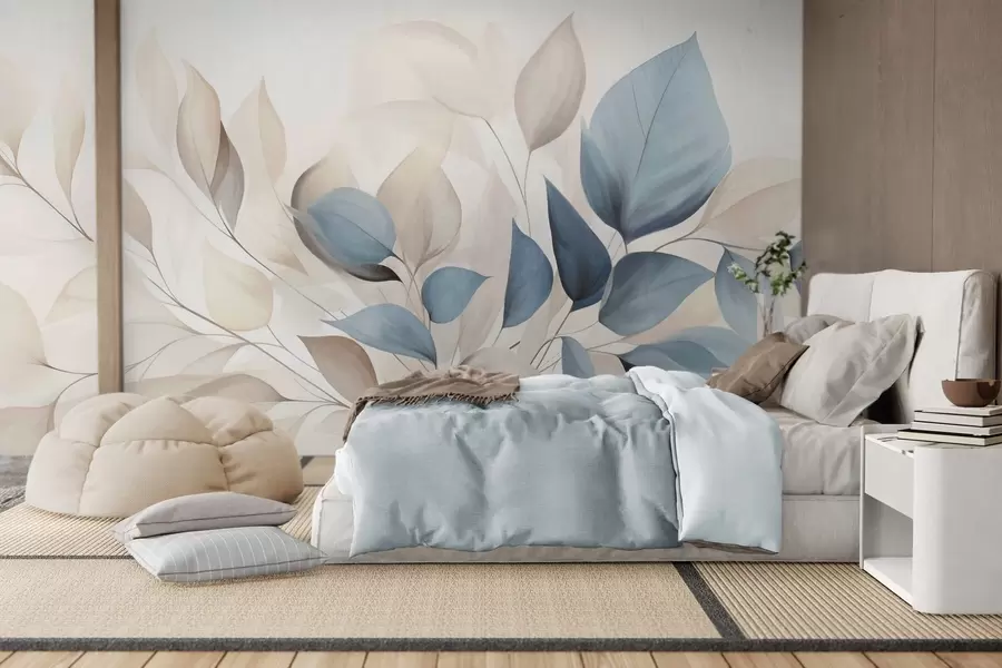 wall murals Abstract translucent leaves in shades of blue, beige and cream, textured art w09744