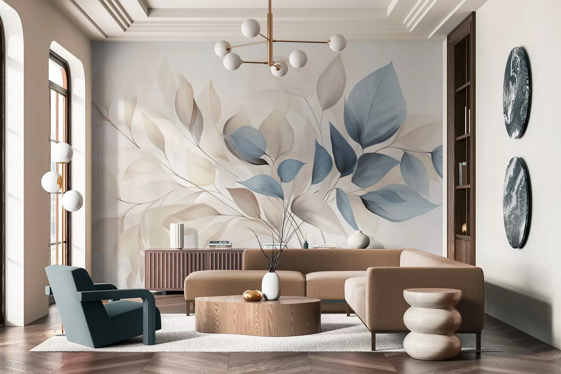 wall murals Abstract translucent leaves in shades of blue, beige and cream, textured art w09744
