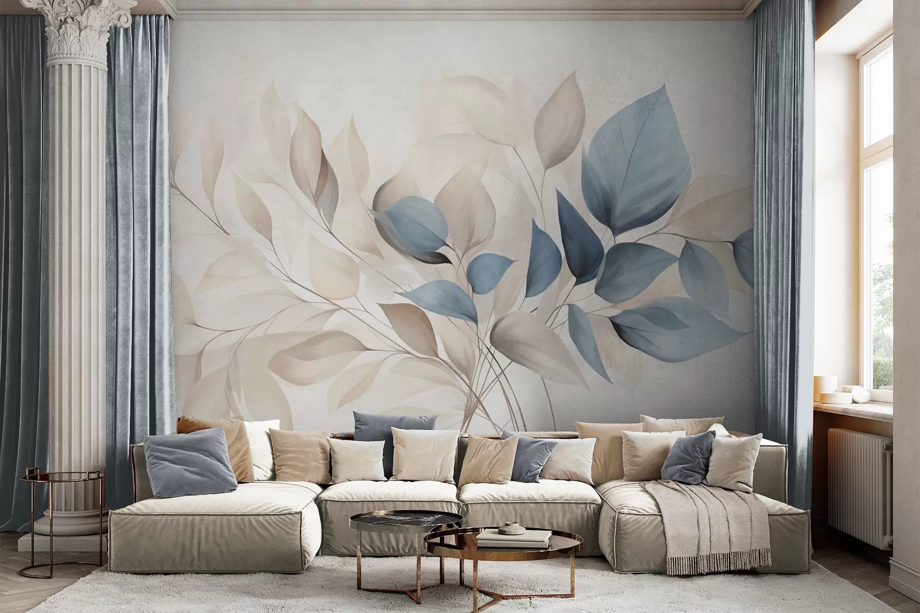 wall murals Abstract translucent leaves in shades of blue, beige and cream, textured art w09744