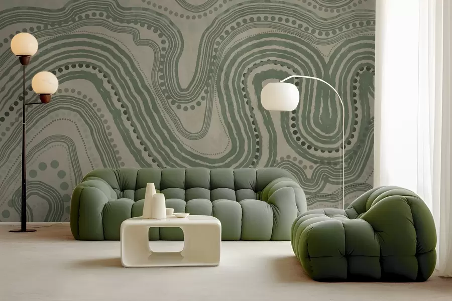 wall murals Abstract green and beige wavy lines and dots, modern textured art w09747