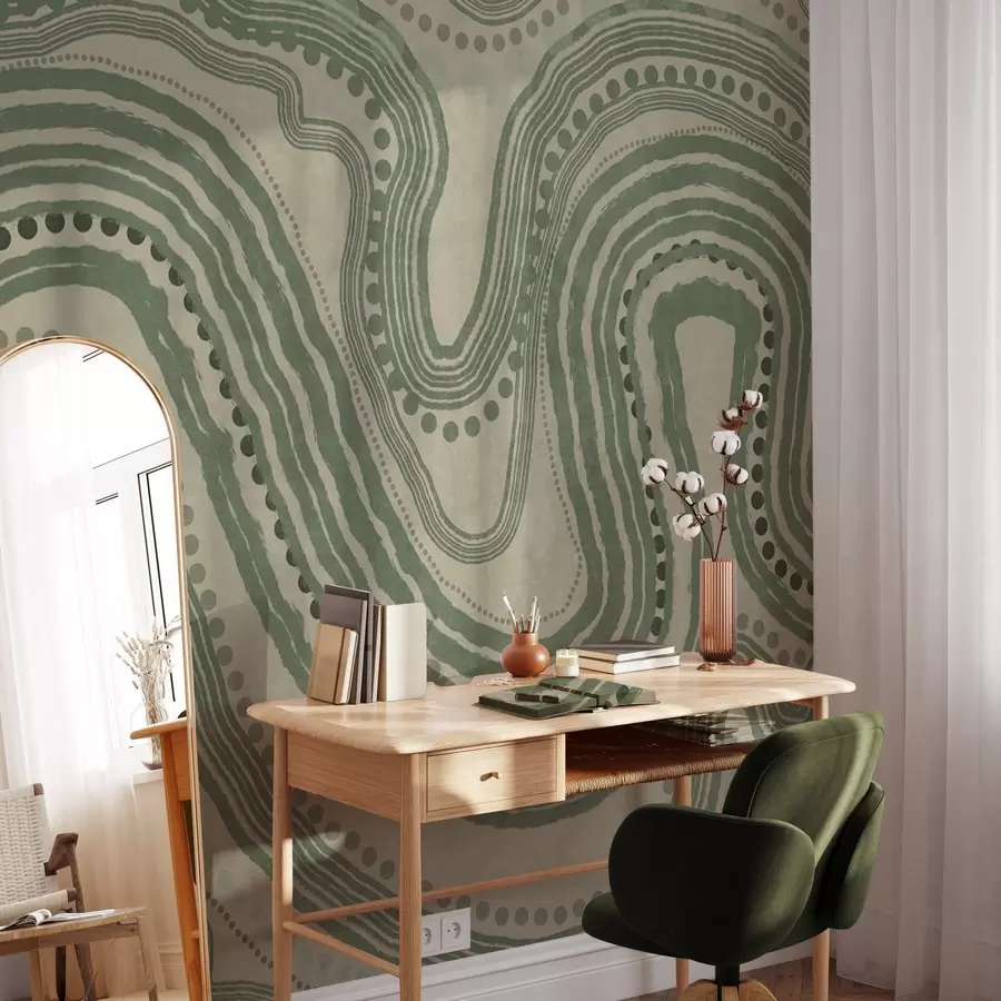 wall murals Abstract green and beige wavy lines and dots, modern textured art w09747