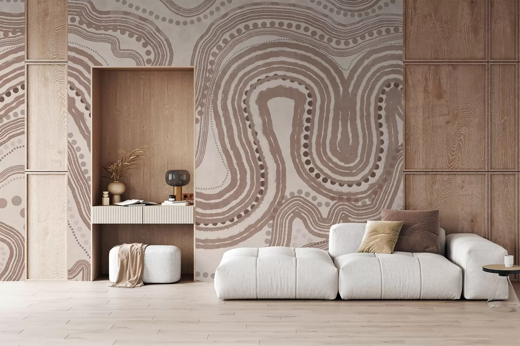 wall murals Abstract brown and beige wavy lines and dots, modern textured art w09747v1
