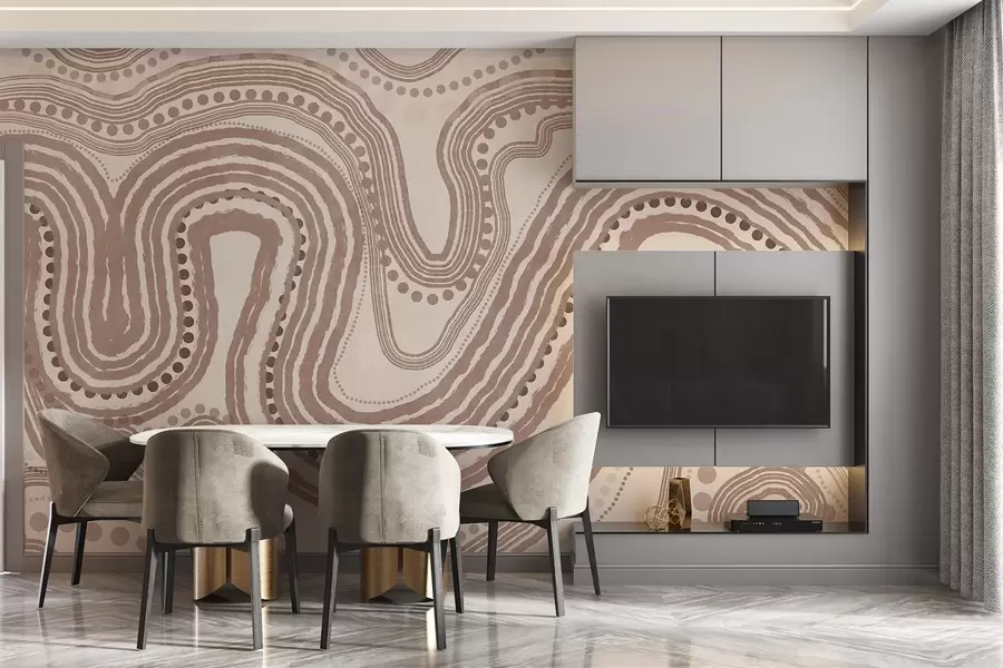 wall murals Abstract brown and beige wavy lines and dots, modern textured art w09747v1
