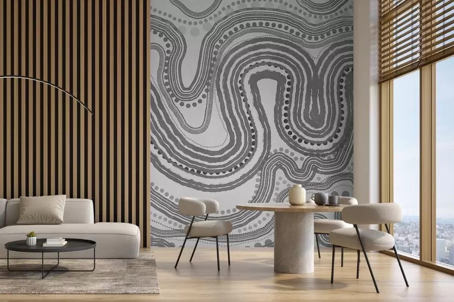wall murals Abstract dark gray wavy lines and dots, modern textured art w09747v2