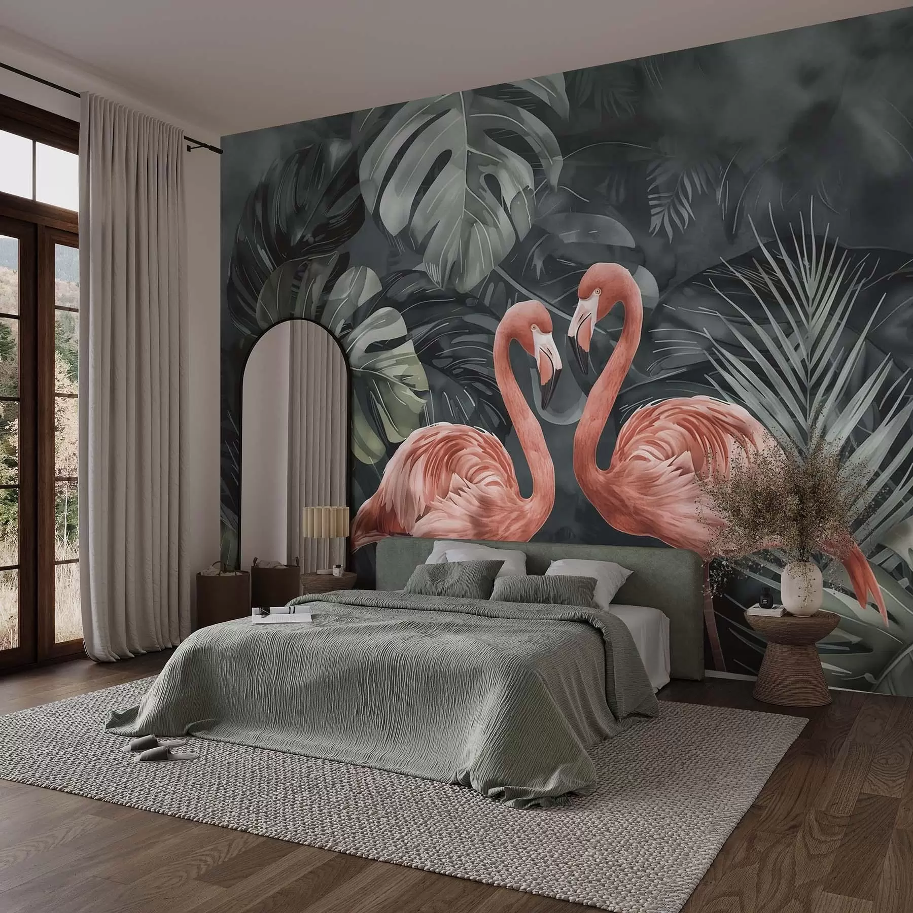 wall murals A pair of flamingos in tropical plants w09687