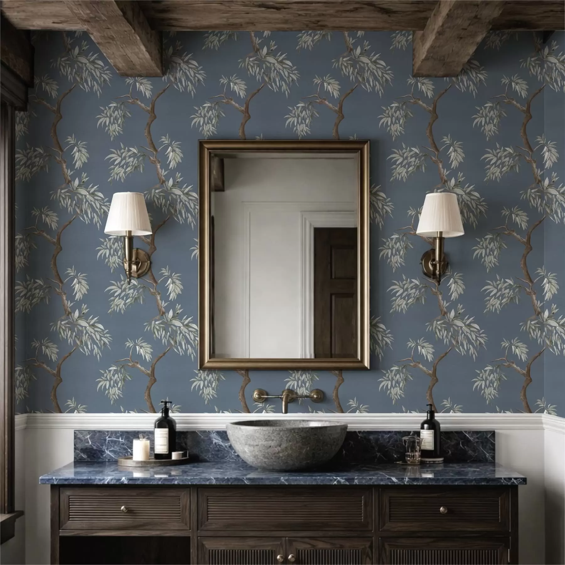 wall murals Tree branch with leaves on blue background a01117