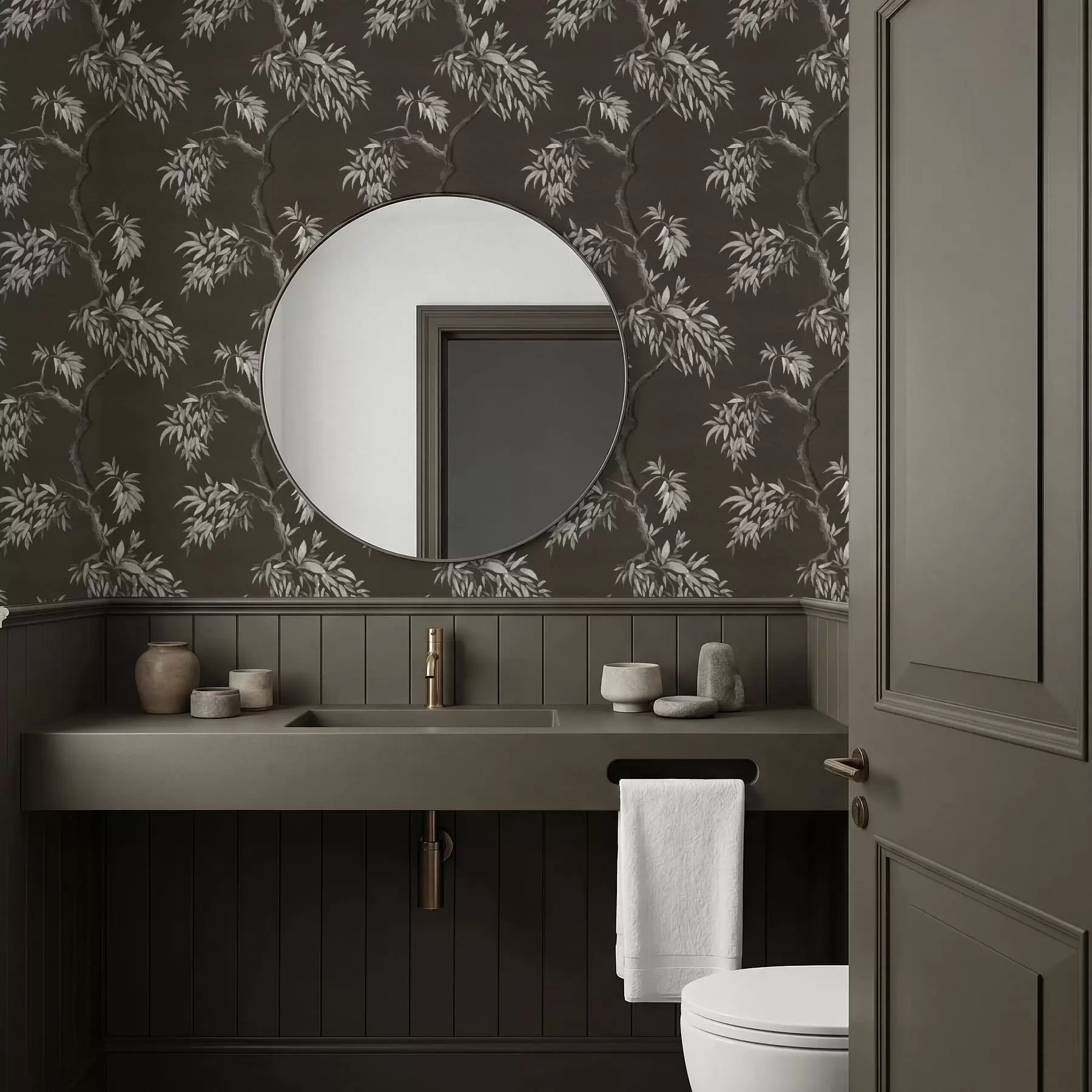 wall murals Monochrome branch with leaves on dark background a01117v2