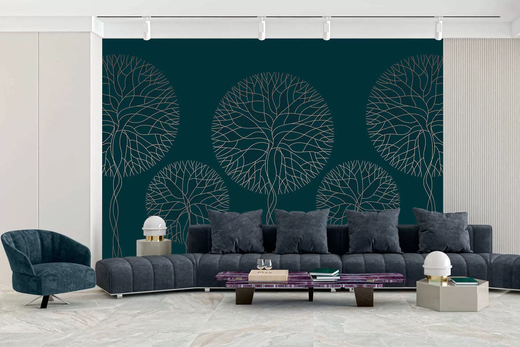 wall murals Fantasy linear trees with lush crowns in elegant dark emerald tones w05213