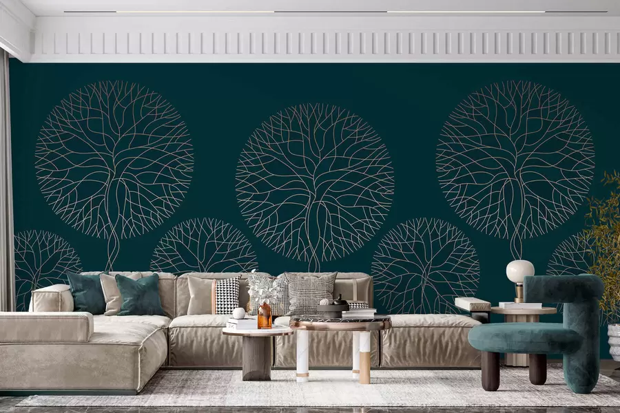 wall murals Fantasy linear trees with lush crowns in elegant dark emerald tones w05213