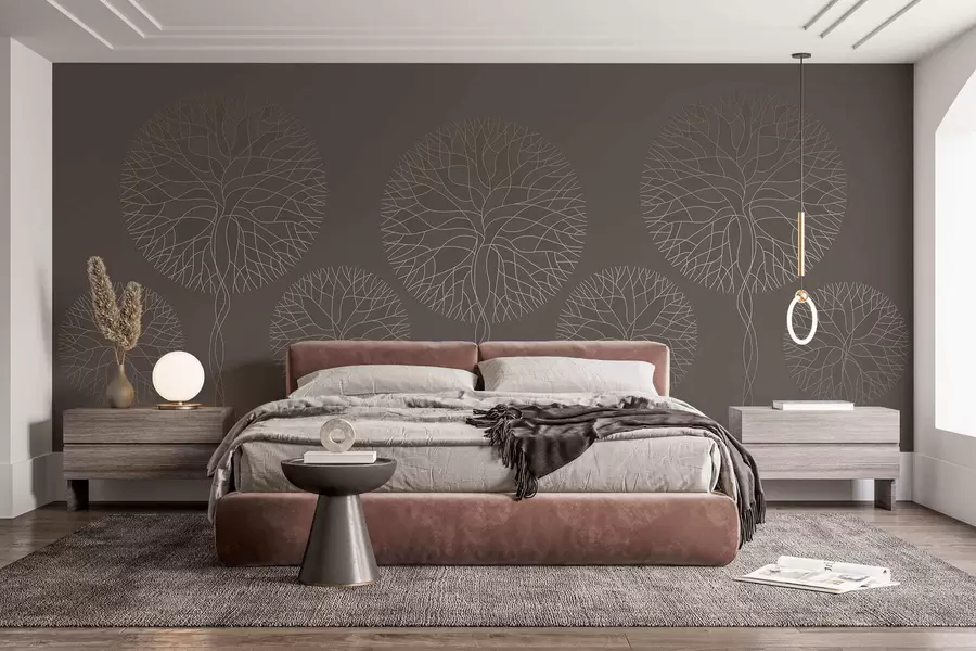 wall murals Fantasy linear trees with lush crowns in elegant mocha tones w05213v1