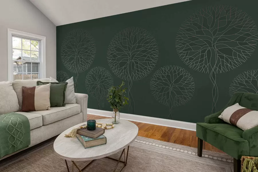 wall murals Fantasy linear trees with lush crowns in elegant dark green tones w05213v2