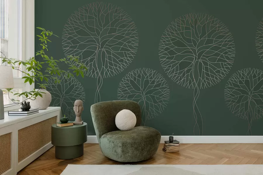 wall murals Fantasy linear trees with lush crowns in elegant dark green tones w05213v2