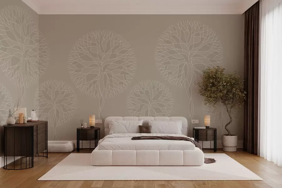wall murals Fantasy linear trees with lush crowns in beige tones w05213v3