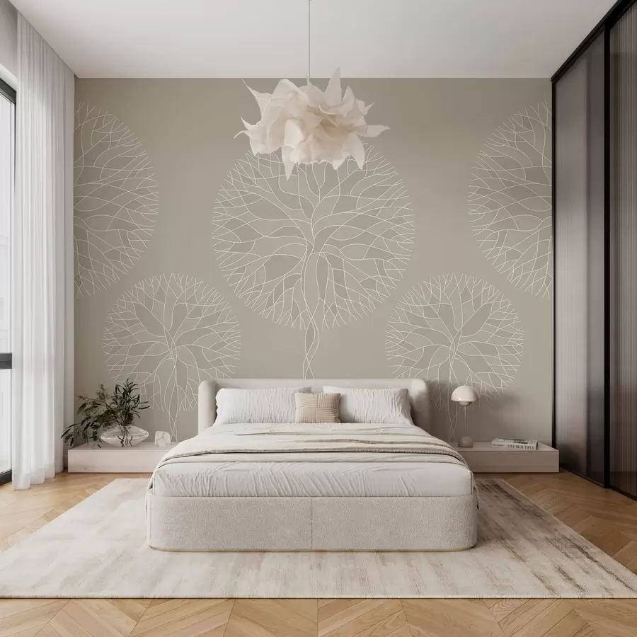 wall murals Fantasy linear trees with lush crowns in beige tones w05213v3