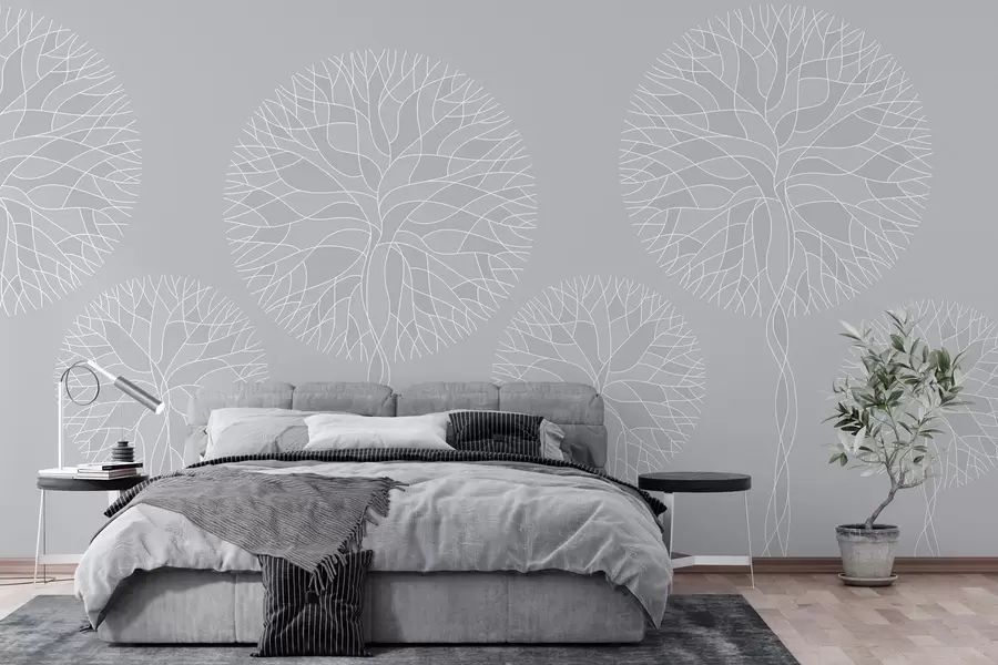 wall murals Fantasy linear trees with lush crowns in light grey tones w05213v4
