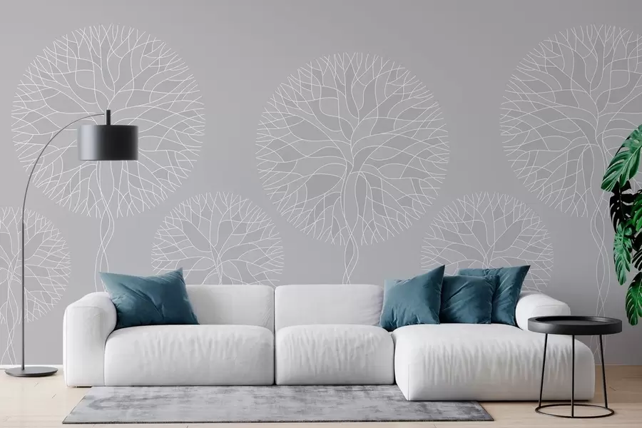 wall murals Fantasy linear trees with lush crowns in light grey tones w05213v4