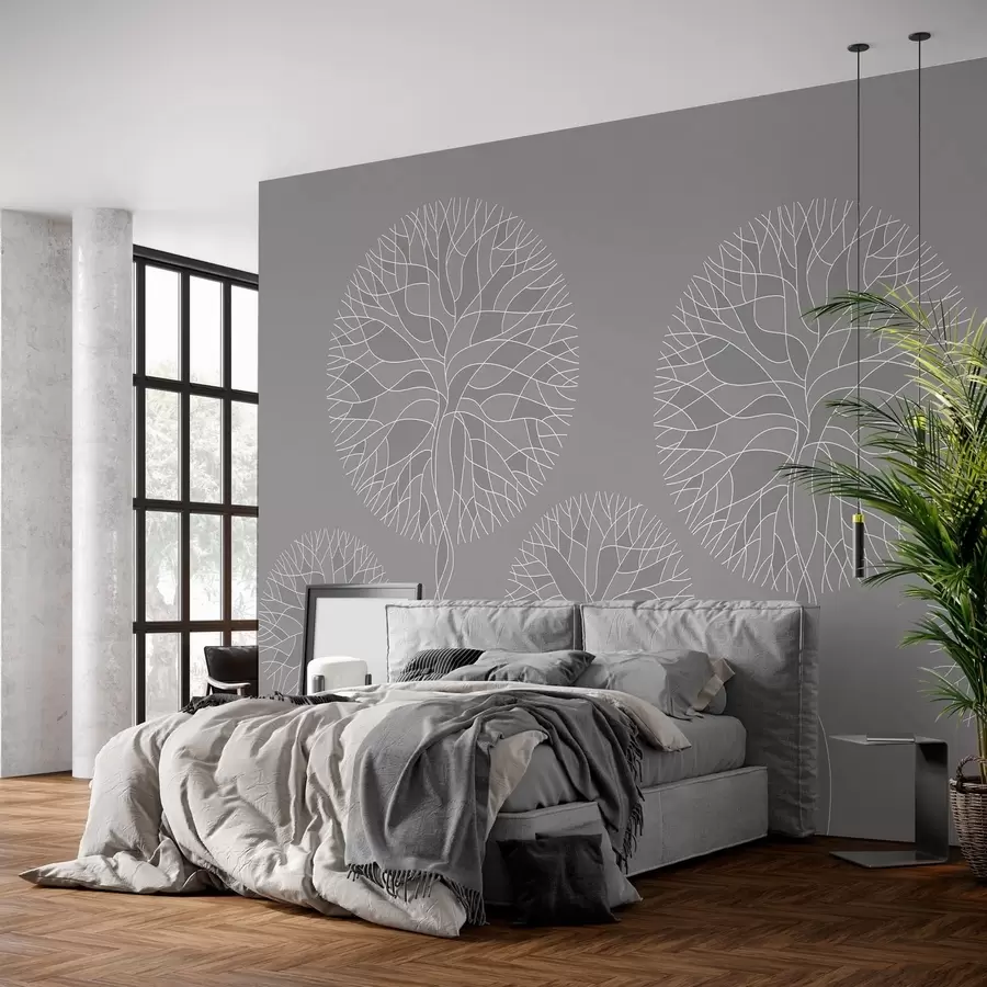 wall murals Fantasy linear trees with lush crowns in medium grey tones w05213v5