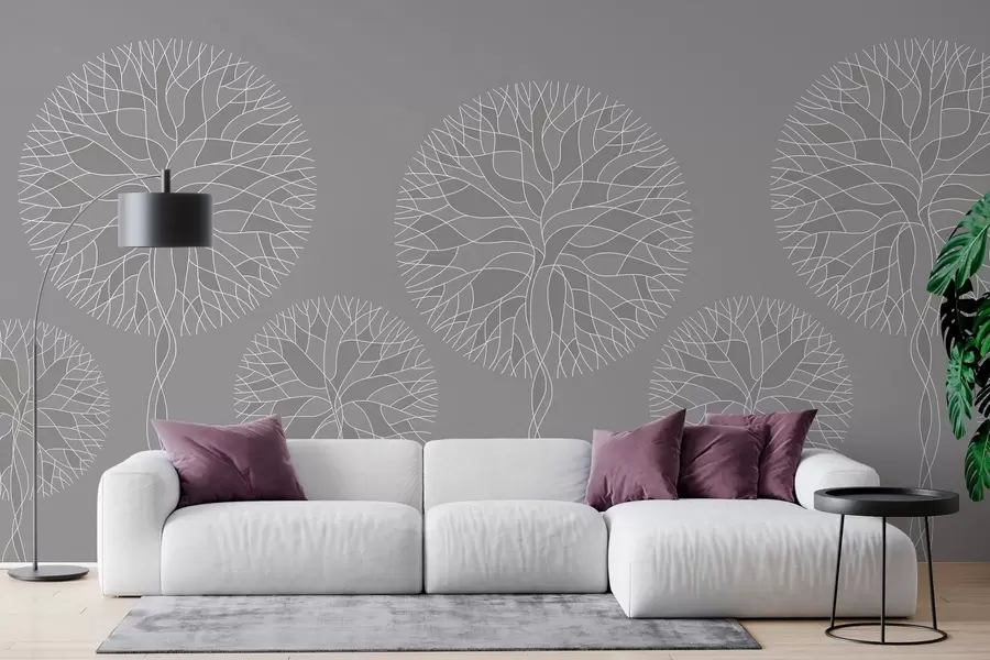 wall murals Fantasy linear trees with lush crowns in medium grey tones w05213v5
