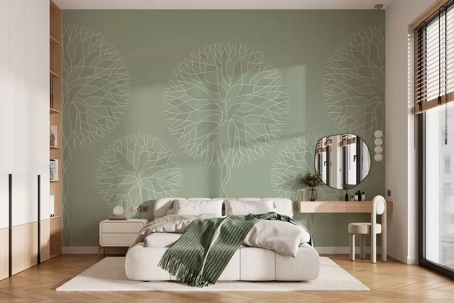 wall murals Fantasy linear trees with lush crowns in light green tones w05213v6