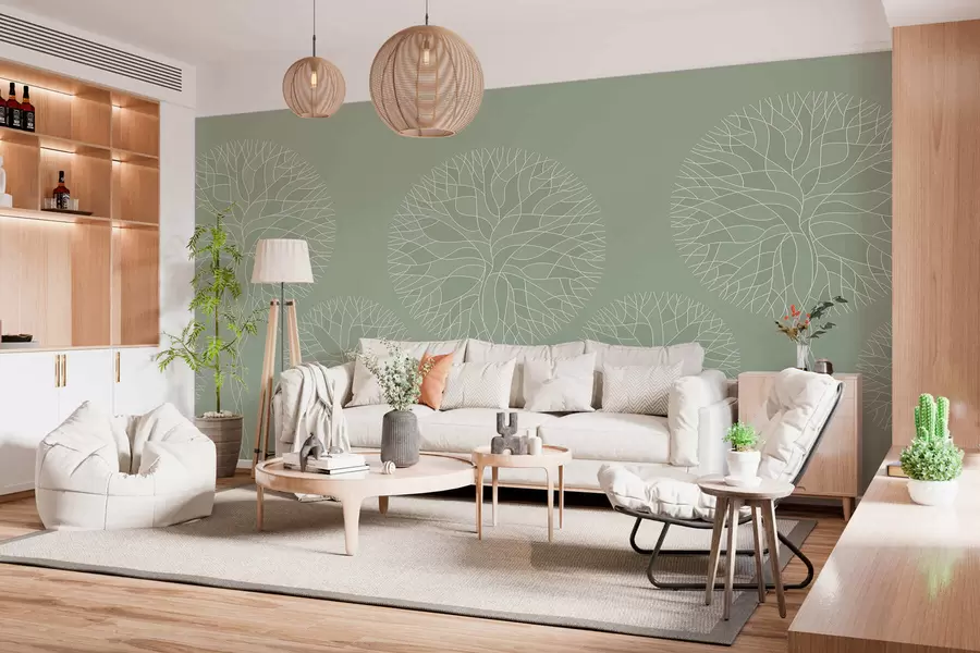 wall murals Fantasy linear trees with lush crowns in light green tones w05213v6