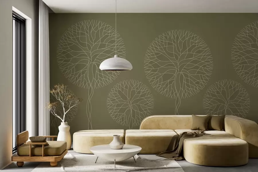 wall murals Fantasy linear trees with lush crowns in khaki tones w05213v7