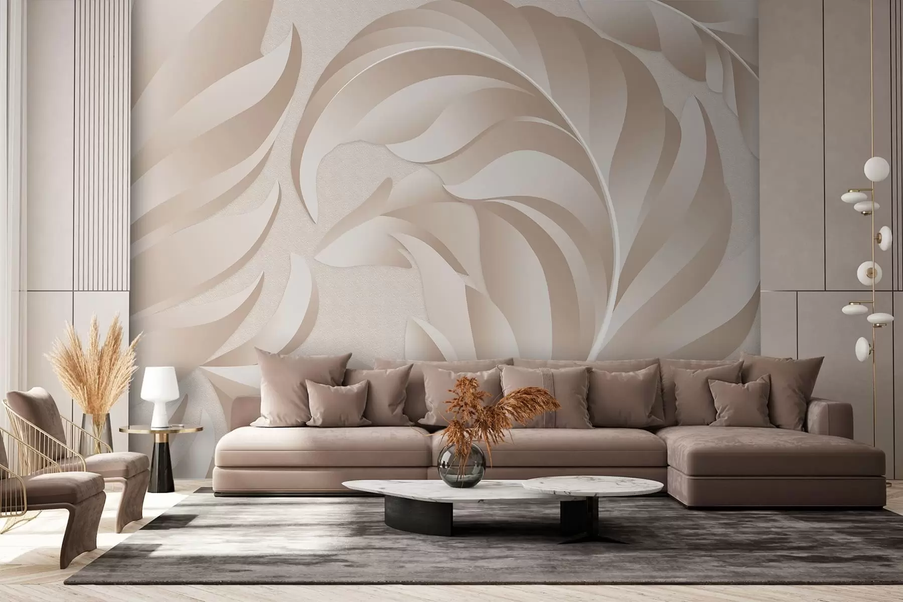 wall murals large textured feathers in beige and powder shades w05231